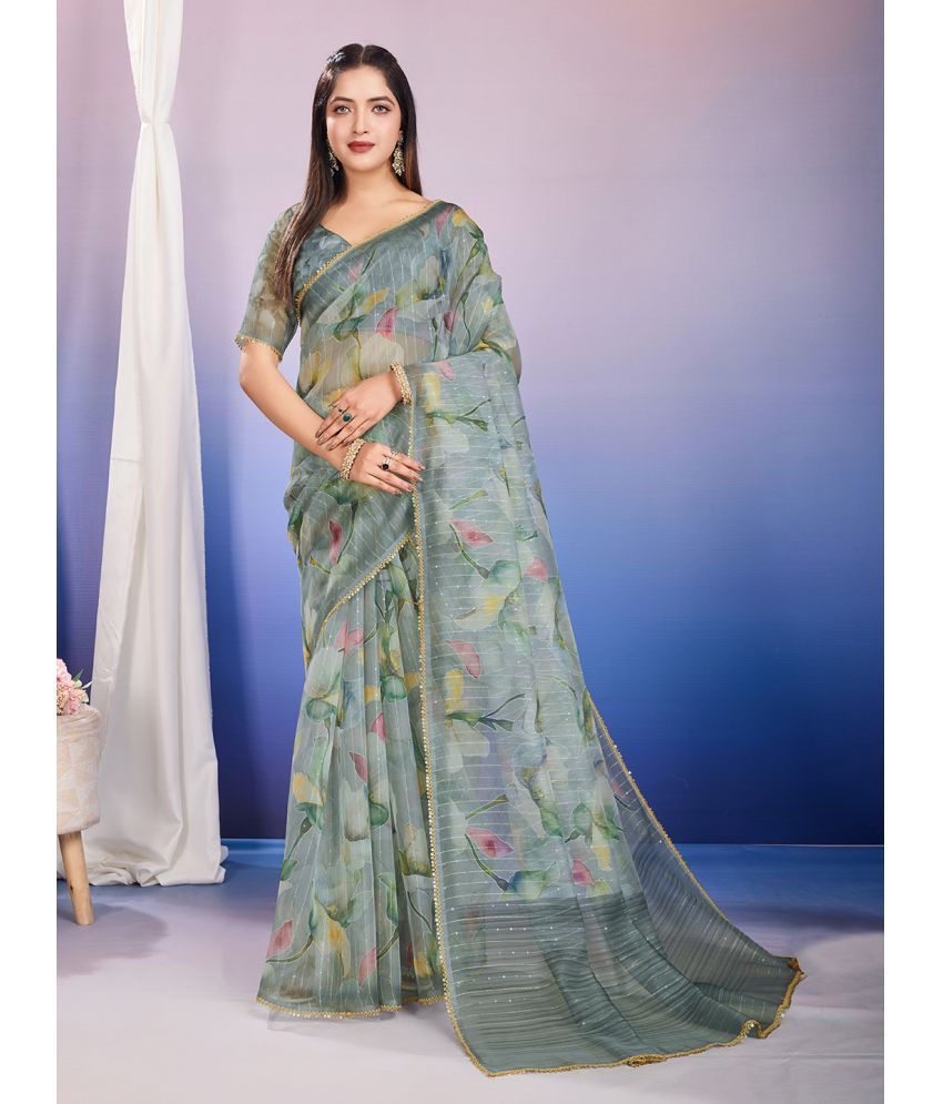     			Rekha Maniyar Organza Printed Saree With Blouse Piece ( Dark Grey , Pack of 1 )