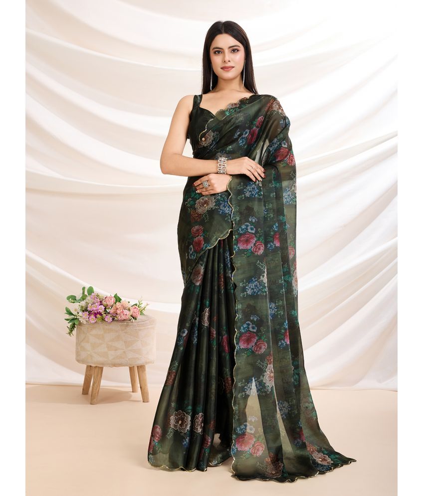     			MANTROTSAV Satin Printed Saree With Blouse Piece ( Green , Pack of 1 )