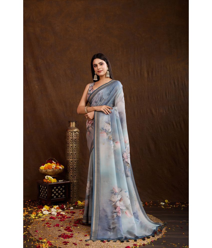     			MANTROTSAV Silk Blend Printed Saree With Blouse Piece ( Blue , Pack of 1 )