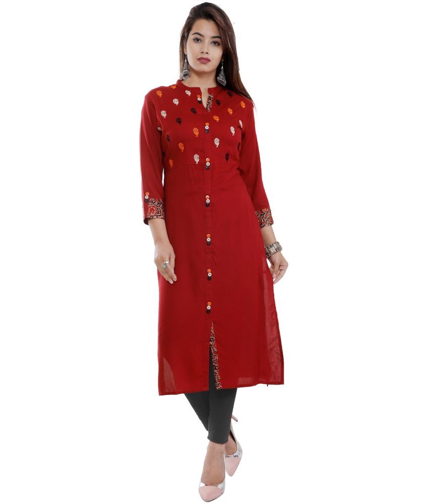     			VEERANSU Pack of 1 Viscose Rayon Embroidered Front Slit Women's Kurti - ( Maroon )