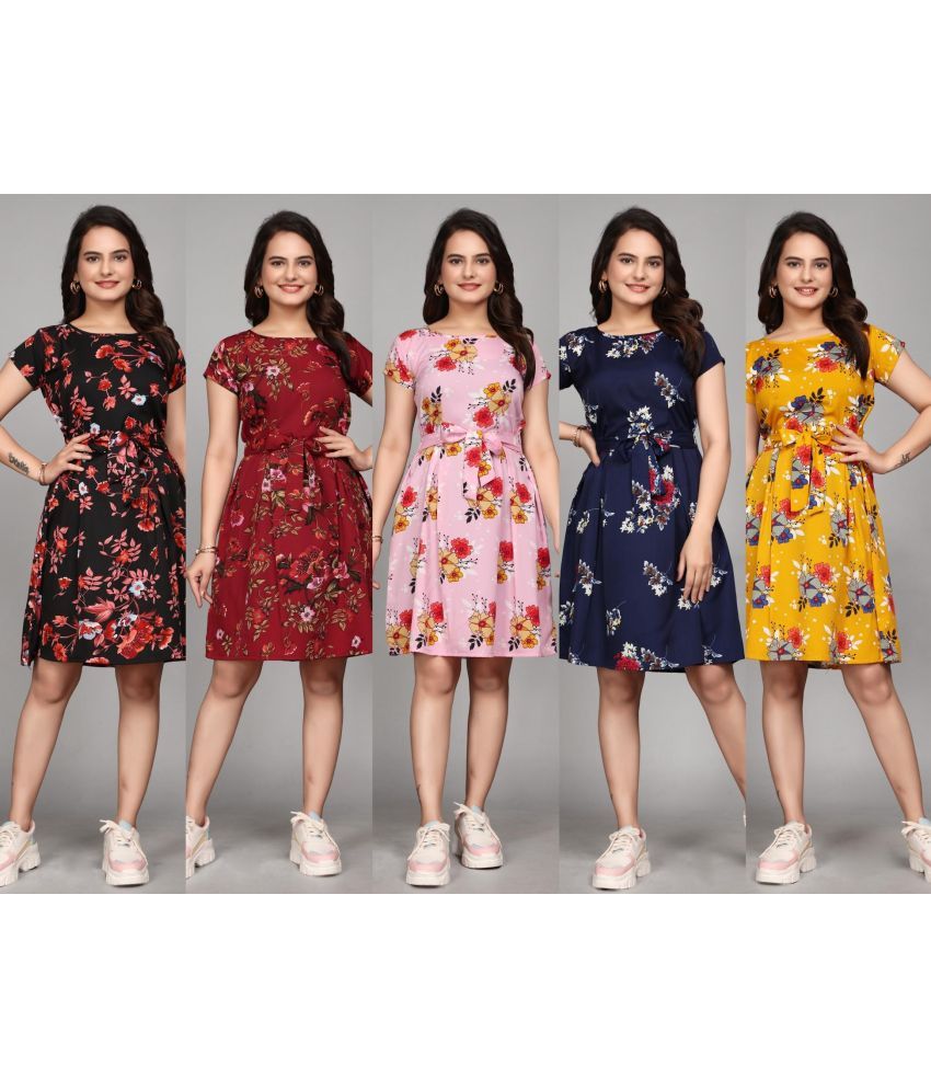     			KALAVRITTA Crepe Printed Above Knee Women's Fit & Flare Dress - Multicolor ( Pack of 5 )