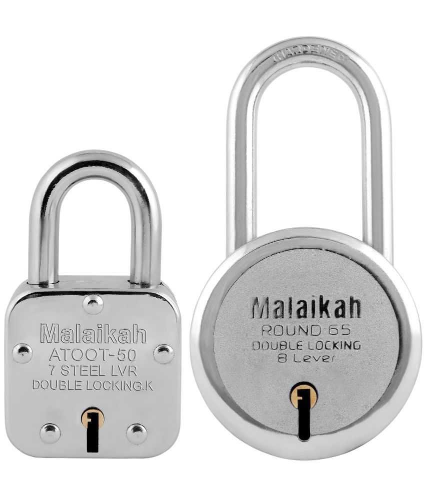     			Malaikah Locks Padlocks Pack Of 2 Atoot 50mm And Round 65mm Long Shackle Made In Aligarh India Superior Quality Steel With 7-Lever Mechanism For Maximum Security In Varied