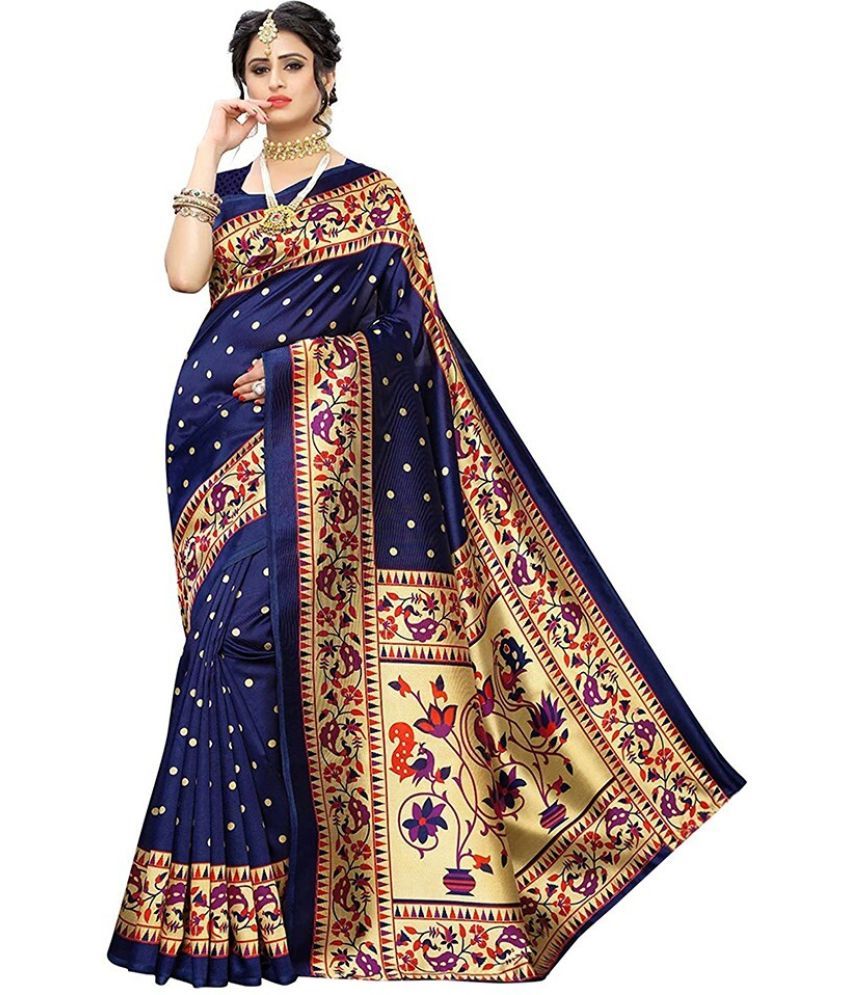     			RUNAYA NX Art Silk Printed Saree With Blouse Piece ( Navy Blue , Pack of 1 )