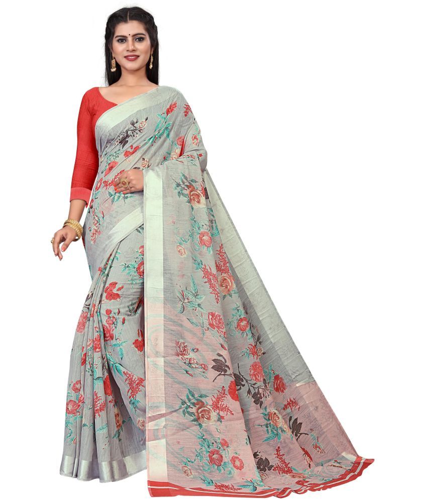     			RUNAYA NX Cotton Blend Printed Saree With Blouse Piece ( Grey , Pack of 1 )