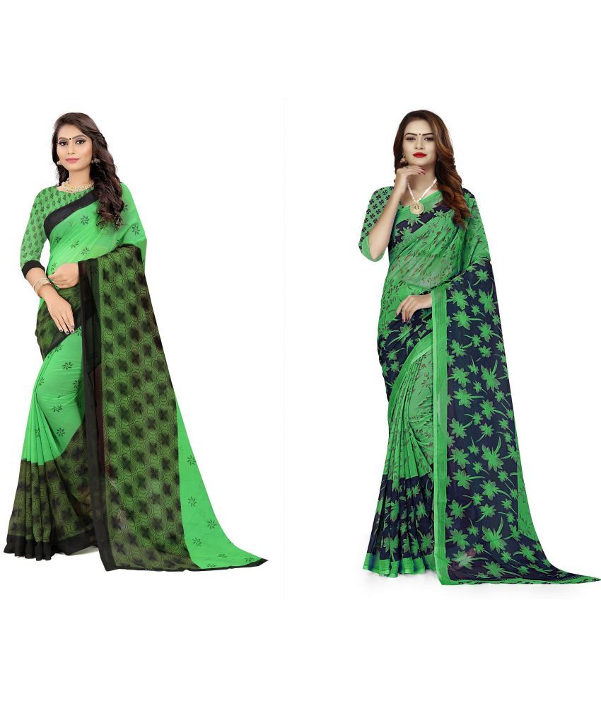     			RUNAYA NX Georgette Printed Saree With Blouse Piece ( Multicolor , Pack of 2 )