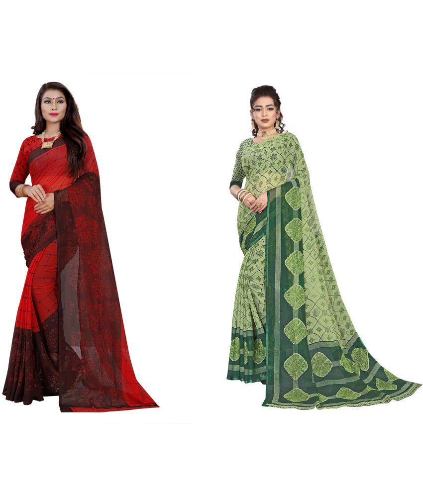     			RUNAYA NX Georgette Printed Saree With Blouse Piece ( Multicolor , Pack of 2 )