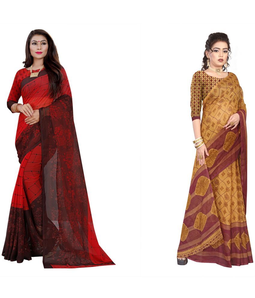     			RUNAYA NX Georgette Printed Saree With Blouse Piece ( Multicolor , Pack of 2 )