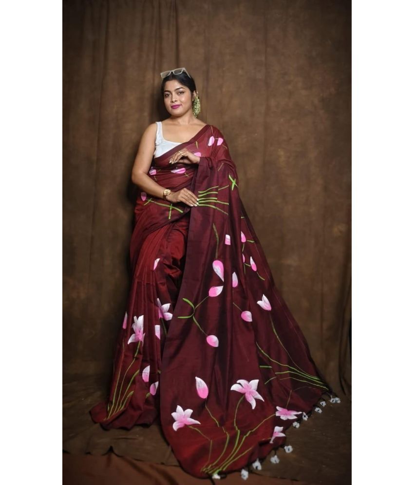     			SARADA HANDLOOM Cotton Printed Saree With Blouse Piece ( Maroon , Pack of 1 )