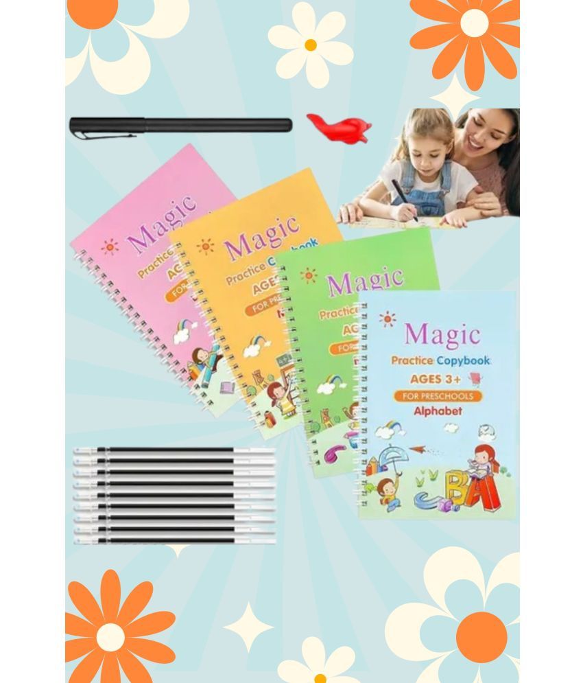     			Sank Magic Book For Kids 2-5Years - 4 Books +1 Pen+10Refill- Sank Magic Practice Copy Book For Kids 2-5 Years - Reusable Magical Book Drawing Alphabet Writing Practice Book, Multicolor