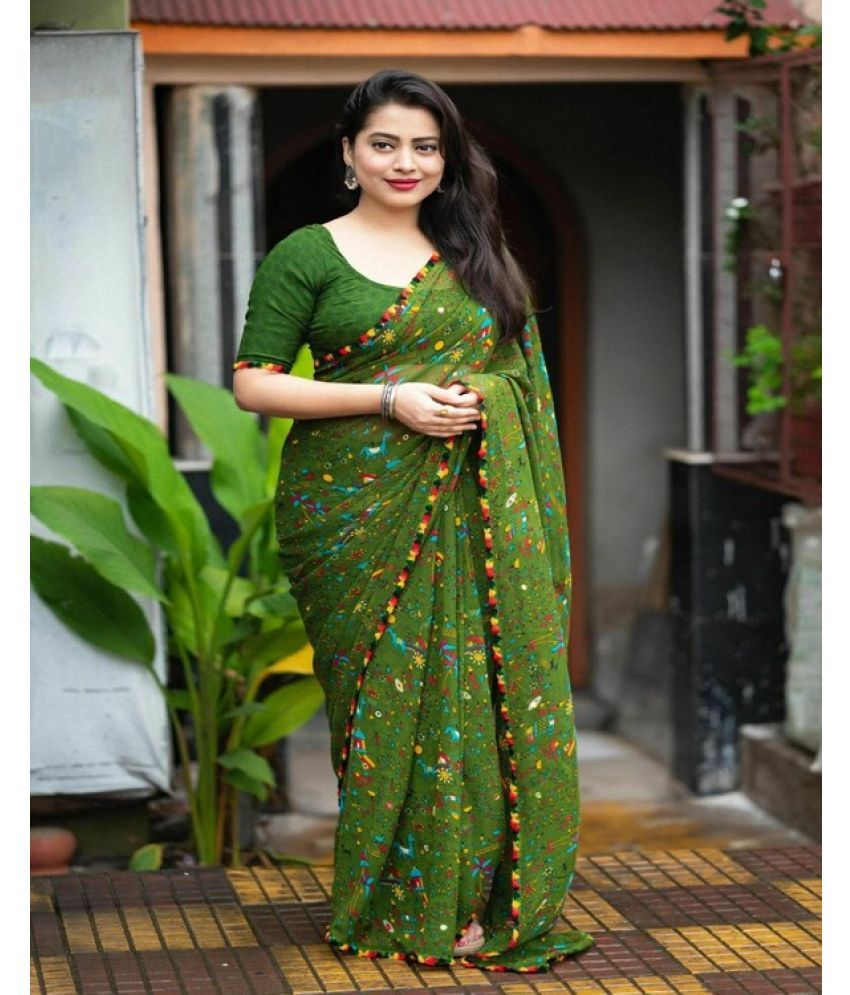     			Vkaran Georgette Printed Saree With Blouse Piece ( Green , Pack of 1 )