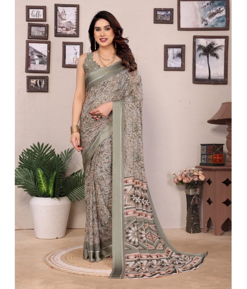     			BLEESBURY Chiffon Printed Saree With Blouse Piece ( Grey , Pack of 1 )