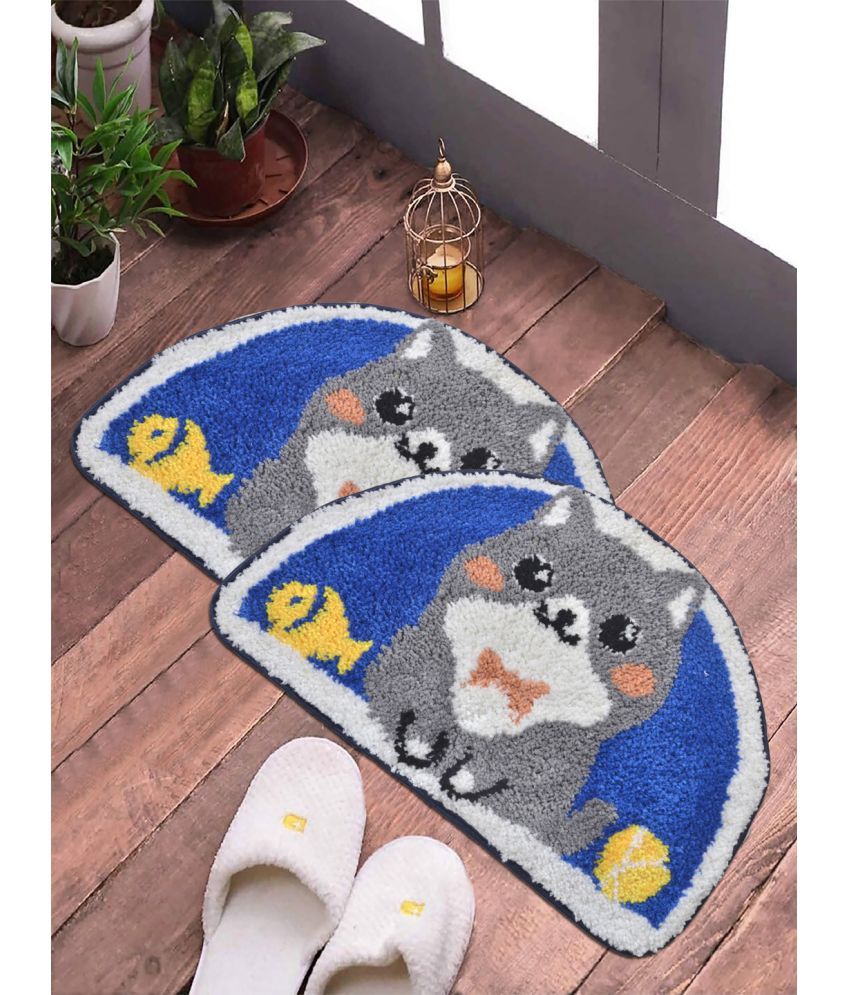     			FABINALIV Set of 2 Anti-skid Polycotton Door Mat ( 60 X 40 cm ) Blue