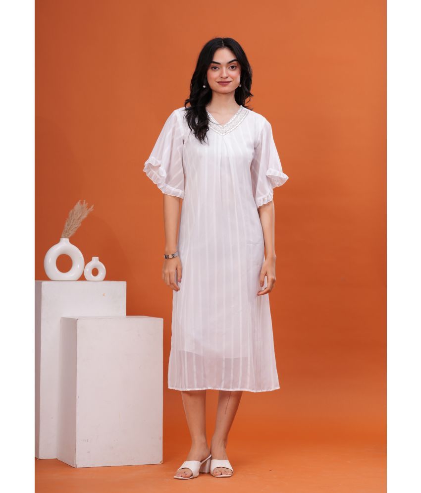     			HIGHLIGHT FASHION EXPORT Georgette Striped Calf-Length Women's Fit & Flare Dress - White ( Pack of 1 )