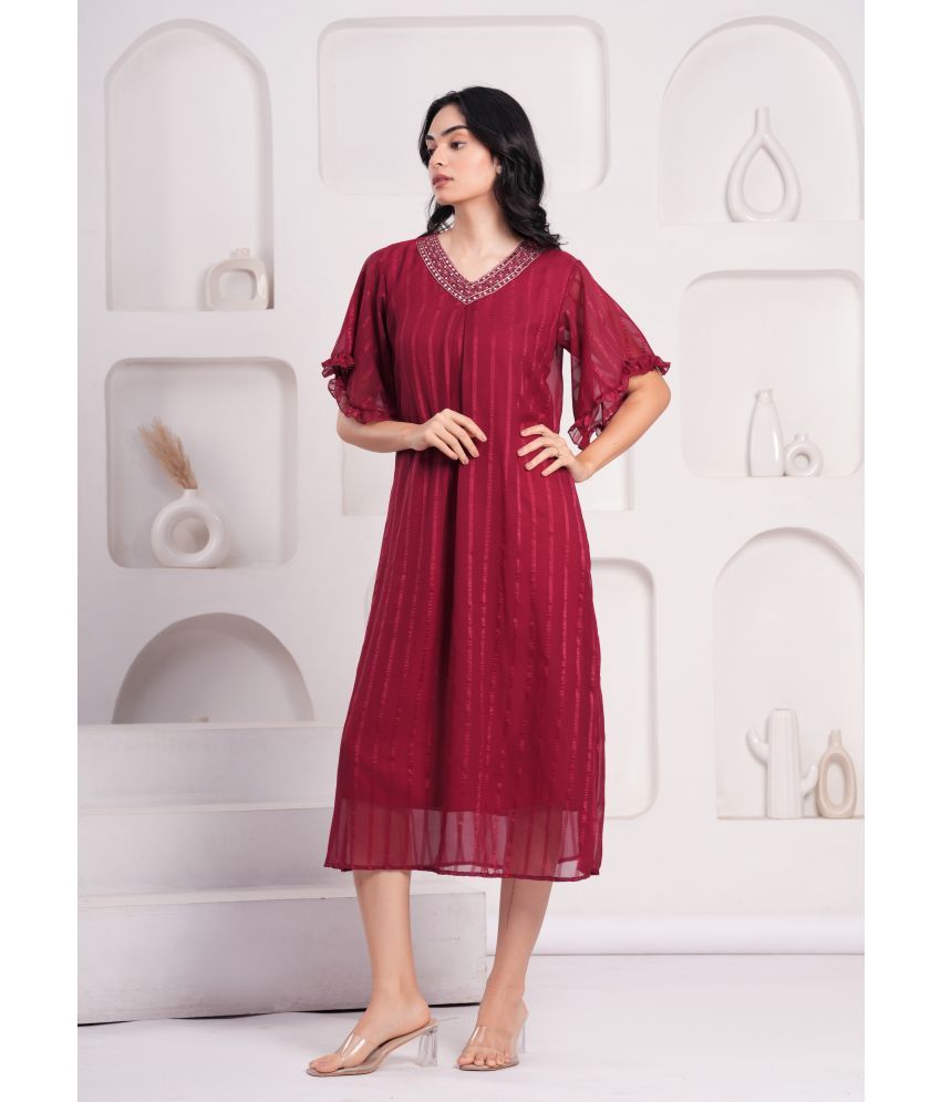     			JAI SHIVAM TRADERS Georgette Striped Midi Women's Fit & Flare Dress - Maroon ( Pack of 1 )