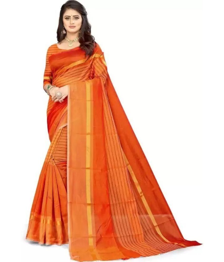     			RUNAYA NX Cotton Blend Printed Saree With Stitched Blouse ( Orange , Pack of 1 )