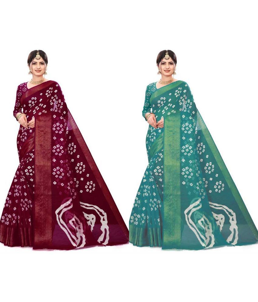     			RUNAYA NX Cotton Blend Printed Saree With Blouse Piece ( Multicolor , Pack of 2 )