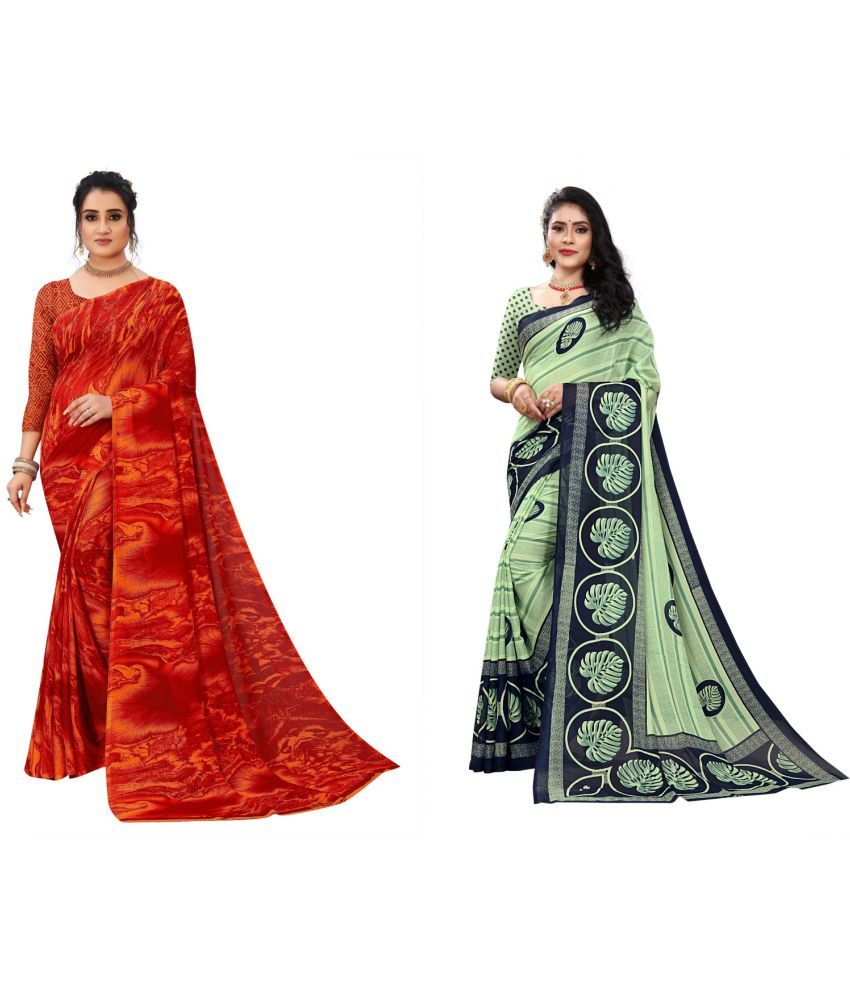     			RUNAYA NX Georgette Printed Saree With Blouse Piece ( Multicolor , Pack of 2 )