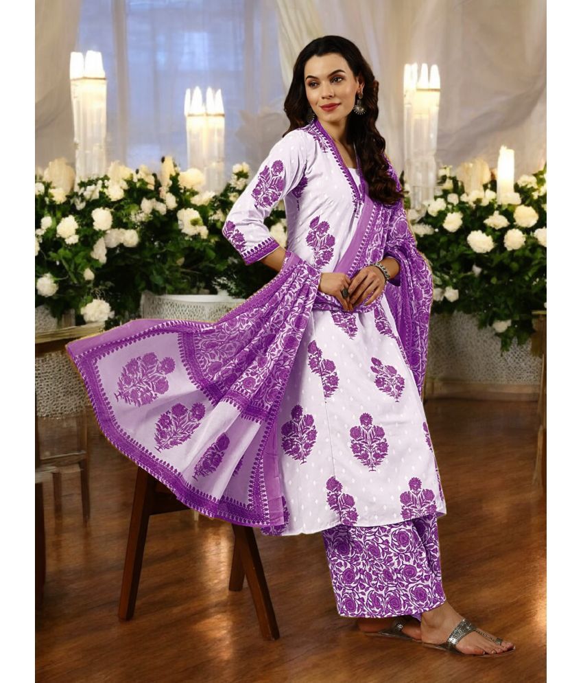     			Vividvibe Cotton Blend Embroidered Kurti With Pants Women's Stitched Salwar Suit - Purple ( Pack of 1 )