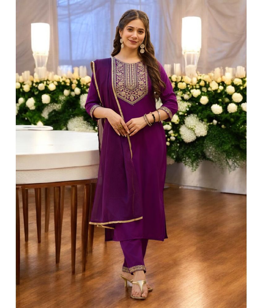     			Vividvibe Rayon Embroidered Kurti With Pants Women's Stitched Salwar Suit - Purple ( Pack of 1 )