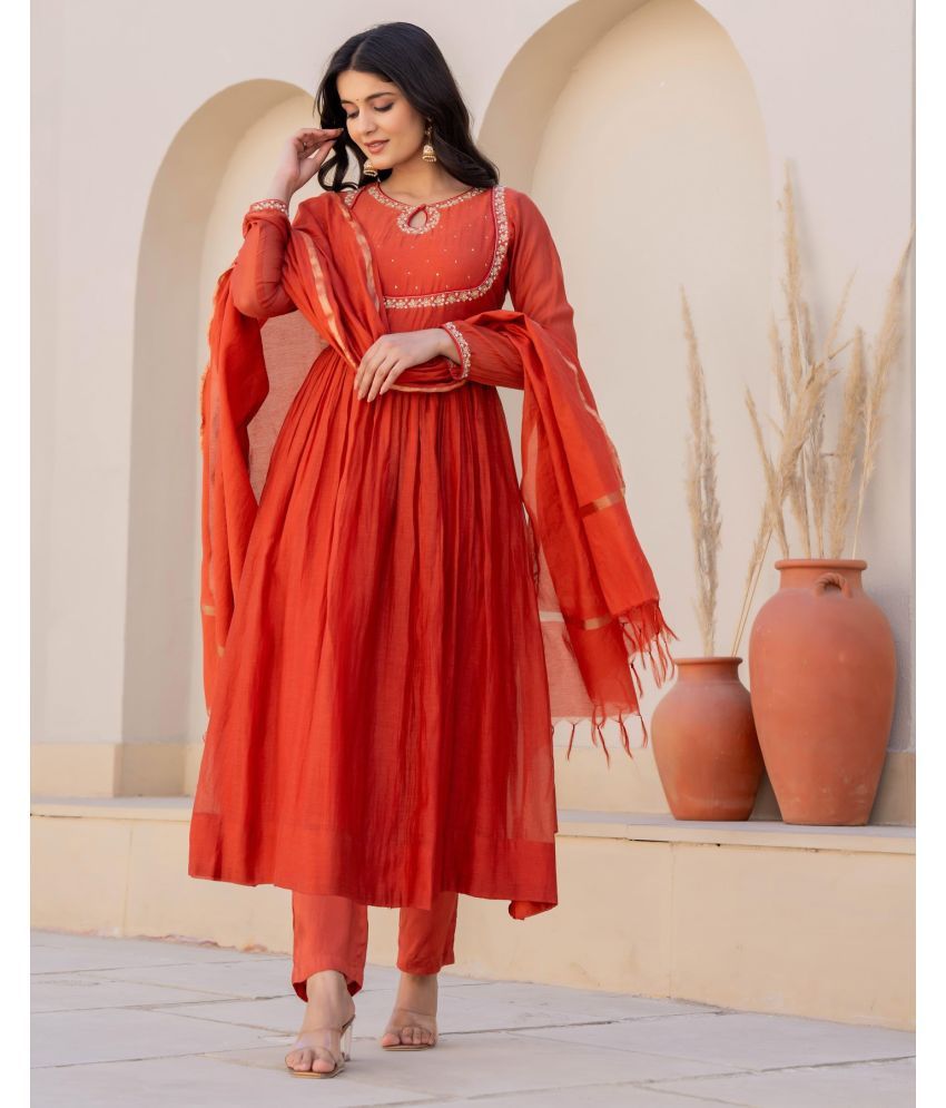     			Vividvibe Viscose Embroidered Kurti With Pants Women's Stitched Salwar Suit - Orange ( Pack of 1 )