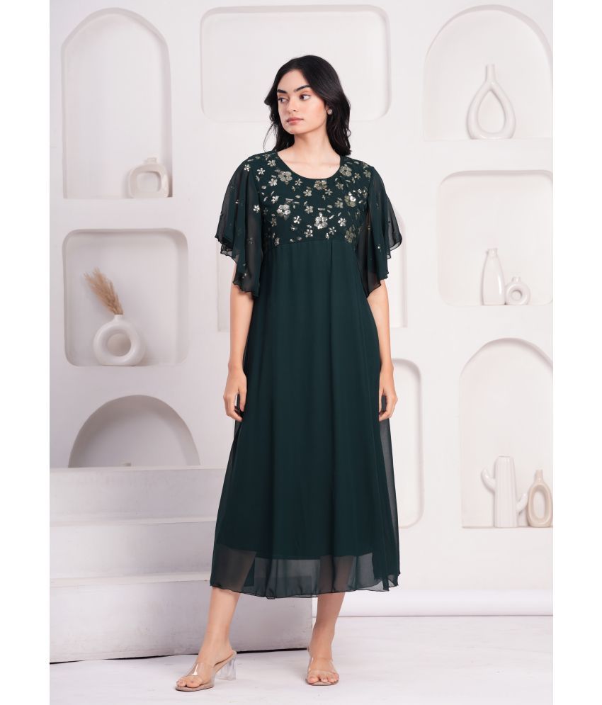     			Jyoti Saree Georgette Embellished Calf-Length Women's Fit & Flare Dress - Green ( Pack of 1 )