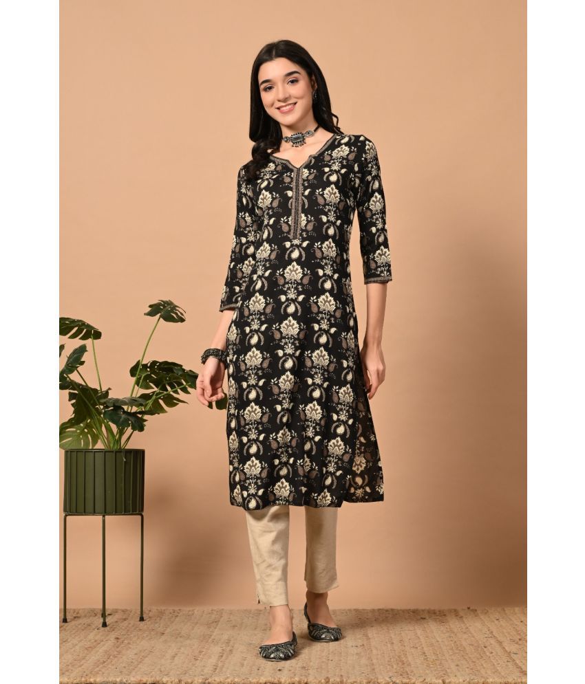     			MAUKA Pack of 1 Rayon Printed Straight Women's Kurti - ( Black )