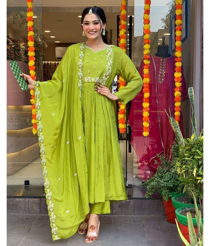     			MEHZEEL FAB Silk Blend Embroidered Kurti With Pants Women's Stitched Salwar Suit - Lime Green ( Pack of 1 )