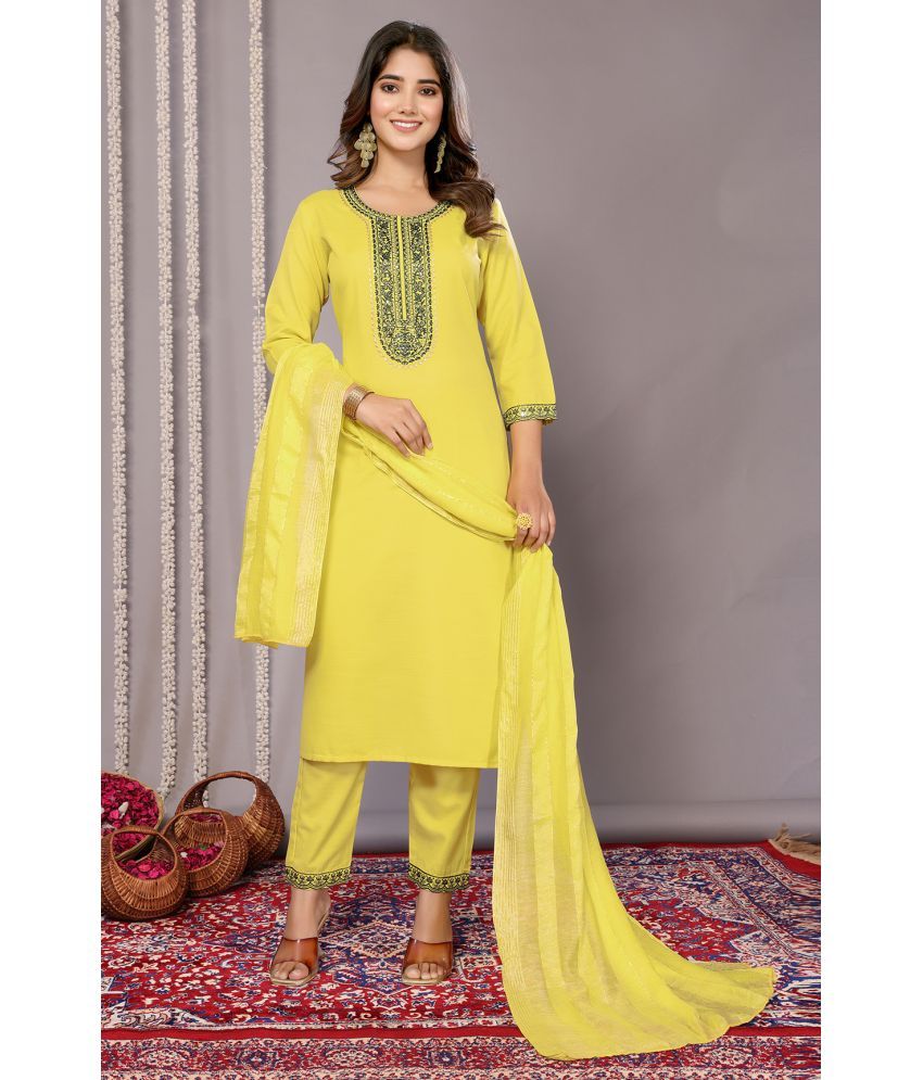     			Royal Export Cotton Blend Embroidered Kurti With Pants Women's Stitched Salwar Suit - Yellow ( Pack of 1 )