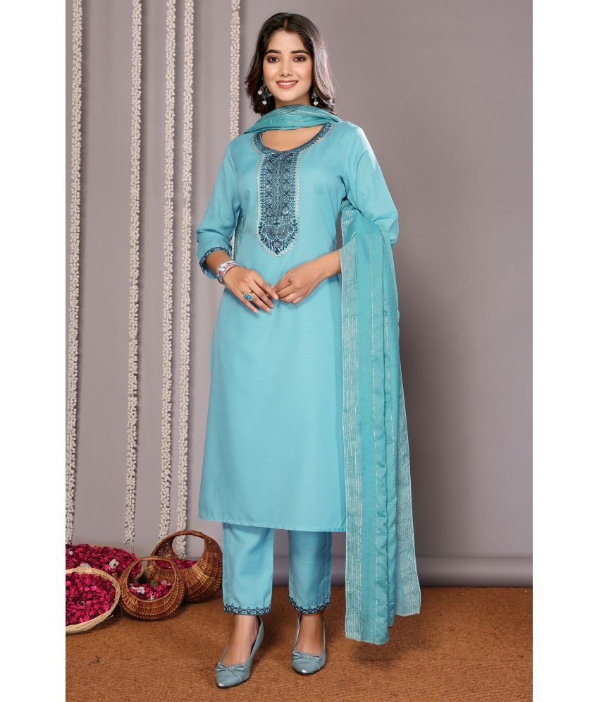     			Royal Export Cotton Blend Embroidered Kurti With Pants Women's Stitched Salwar Suit - Turquoise ( Pack of 1 )