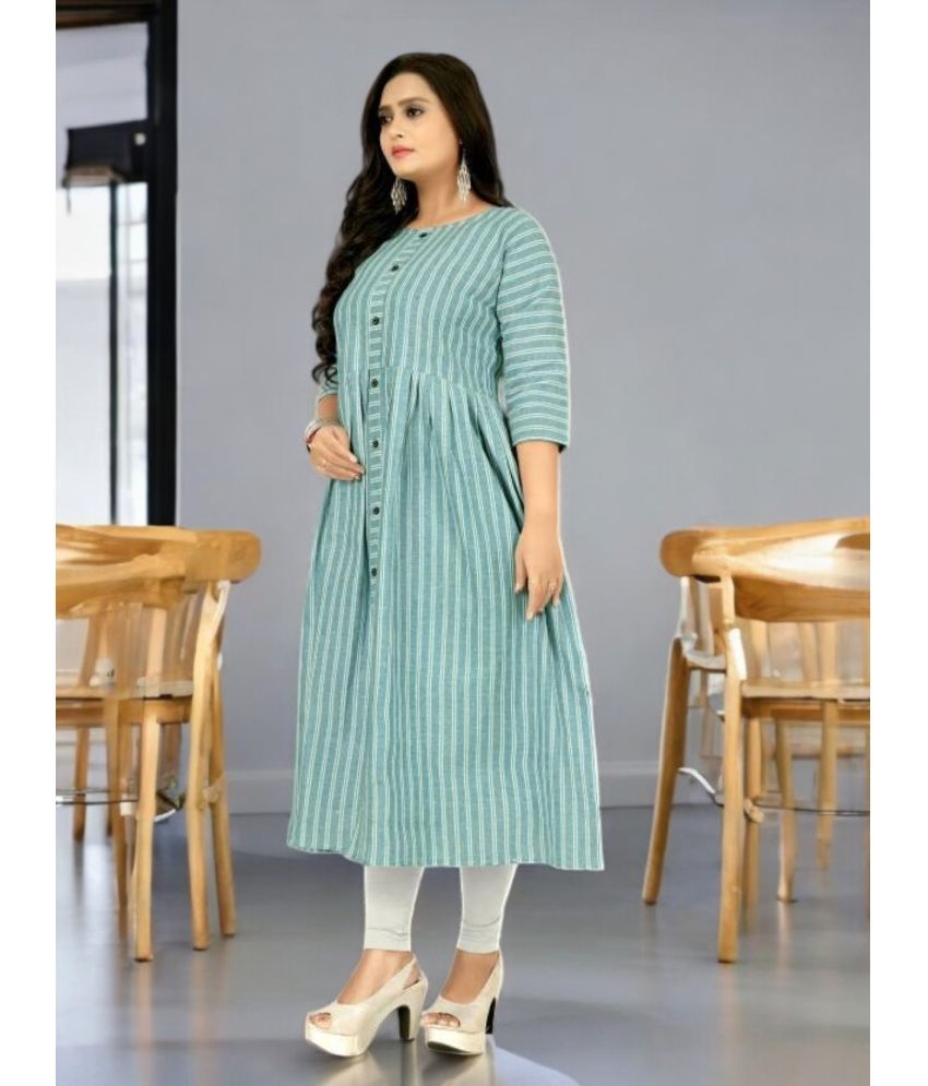     			TEXPA Pack of 1 Cotton Striped Flared Women's Kurti - ( Green )