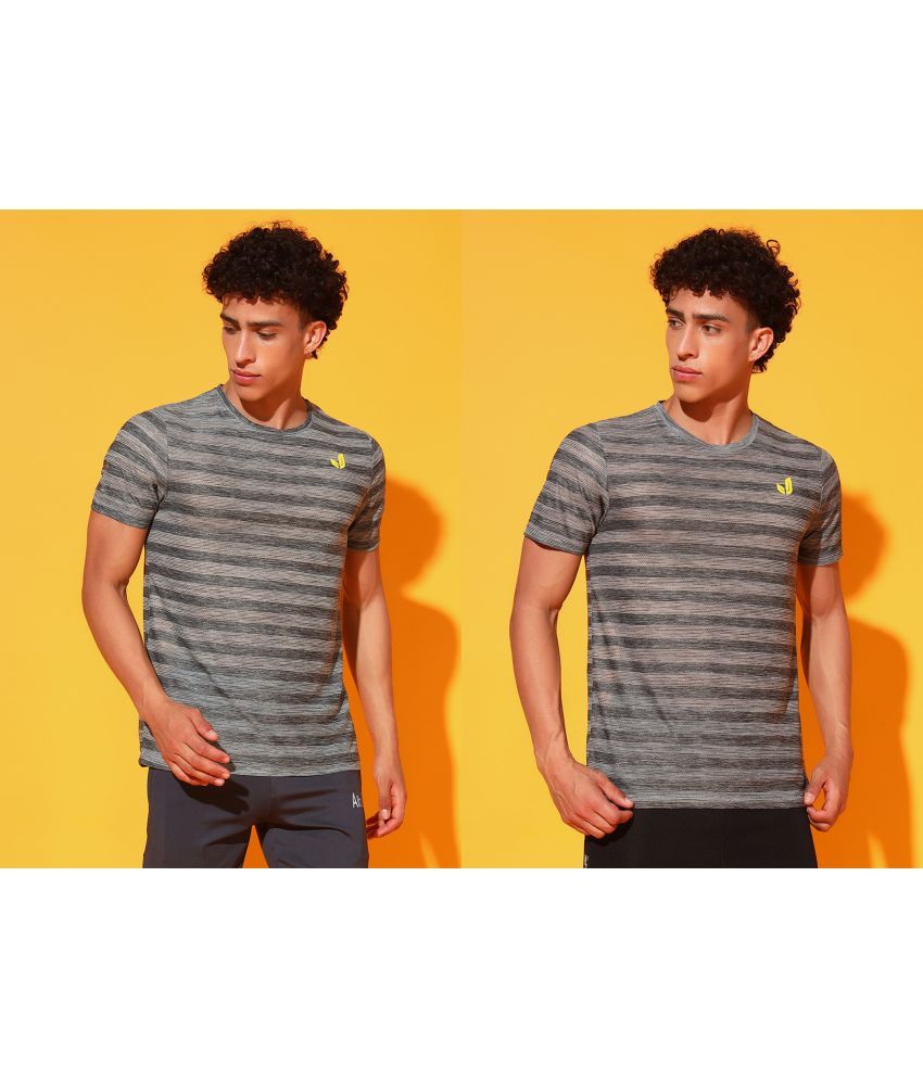     			Glito Polyester Regular Fit Striped Half Sleeves Men's Round T-Shirt - Light Grey ( Pack of 2 )