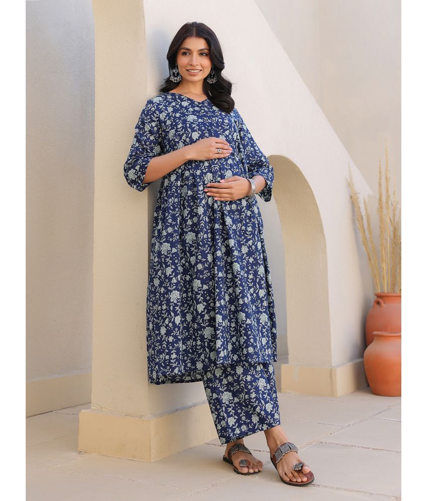     			Janasya Blue Cotton Maternity Kurta Suit Set Single