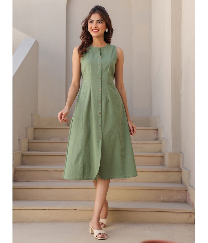     			Janasya Cotton Solid Midi Women's A-line Dress - Green ( Pack of 1 )