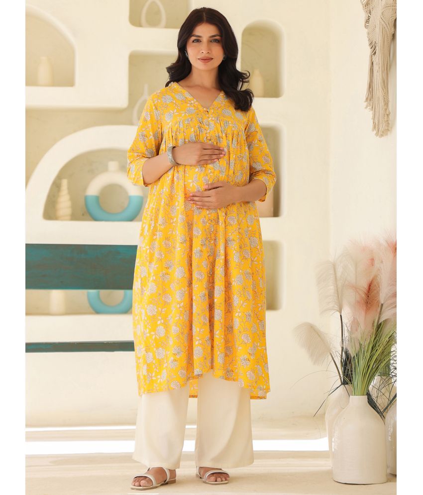     			Janasya Yellow Cotton Maternity Kurta Single