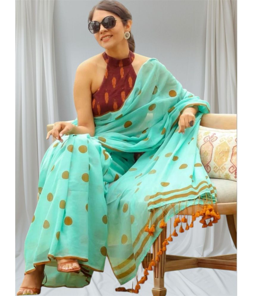     			SARADA HANDLOOM Cotton Printed Saree With Blouse Piece ( Turquoise , Pack of 1 )