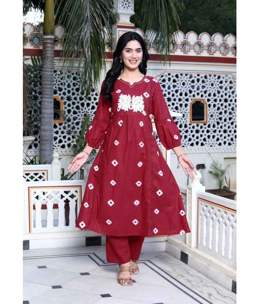     			Angiya Cotton Embroidered Kurti With Palazzo Women's Stitched Salwar Suit - Red ( Pack of 1 )