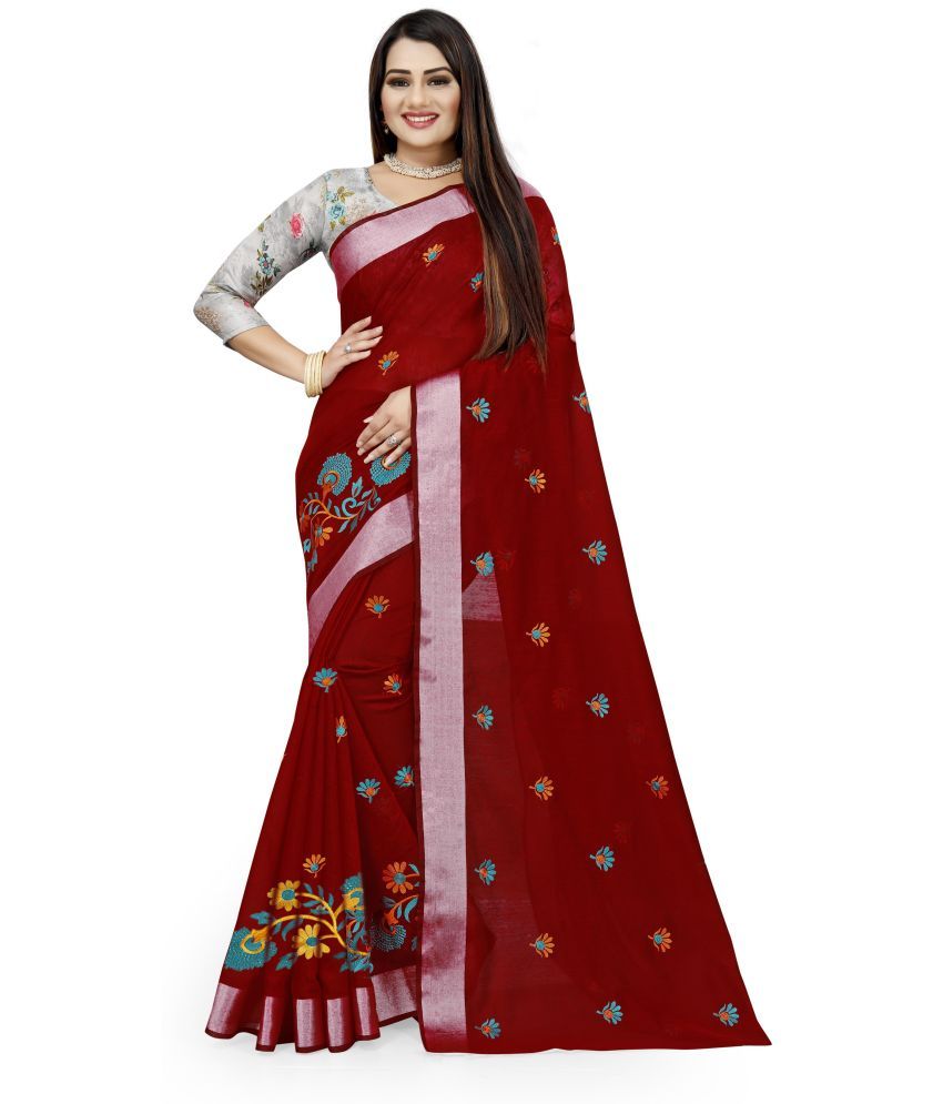     			Indian Fashionista Cotton Blend Embroidered Saree With Blouse Piece ( Maroon , Pack of 1 )