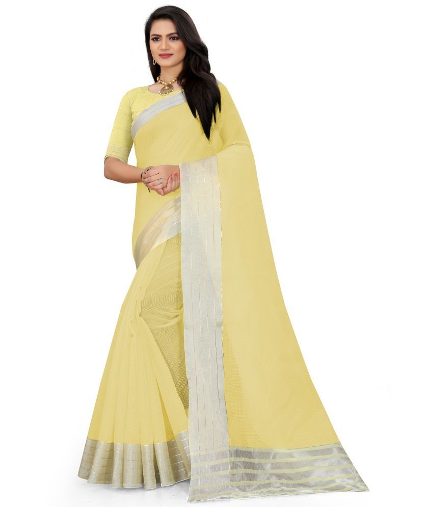     			Indian Fashionista Cotton Blend Solid Saree With Blouse Piece ( Yellow , Pack of 1 )