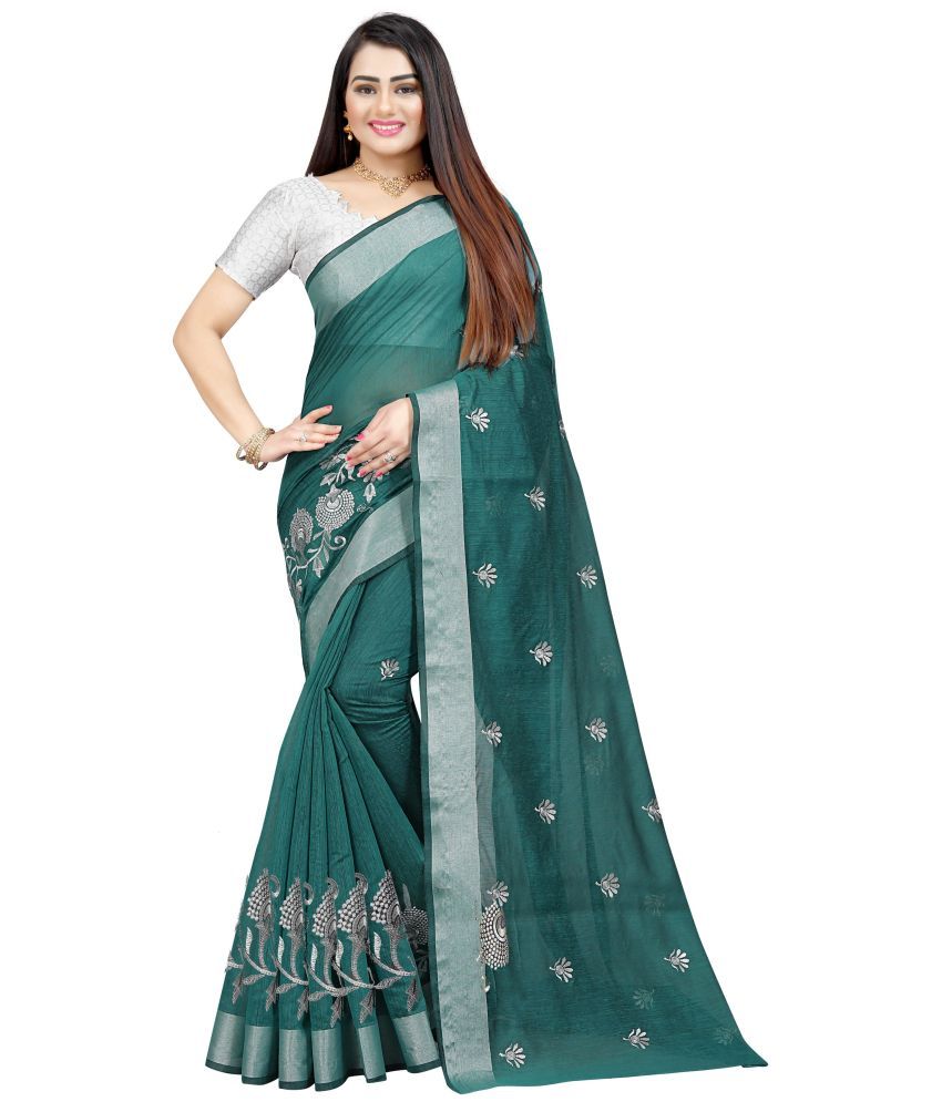     			Indian Fashionista Cotton Silk Embroidered Saree With Blouse Piece ( Green , Pack of 1 )