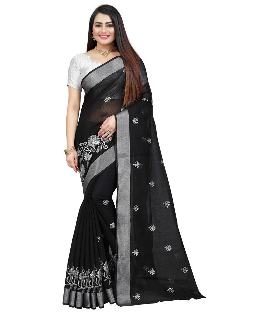     			Indian Fashionista Cotton Silk Embroidered Saree With Blouse Piece ( Black , Pack of 1 )