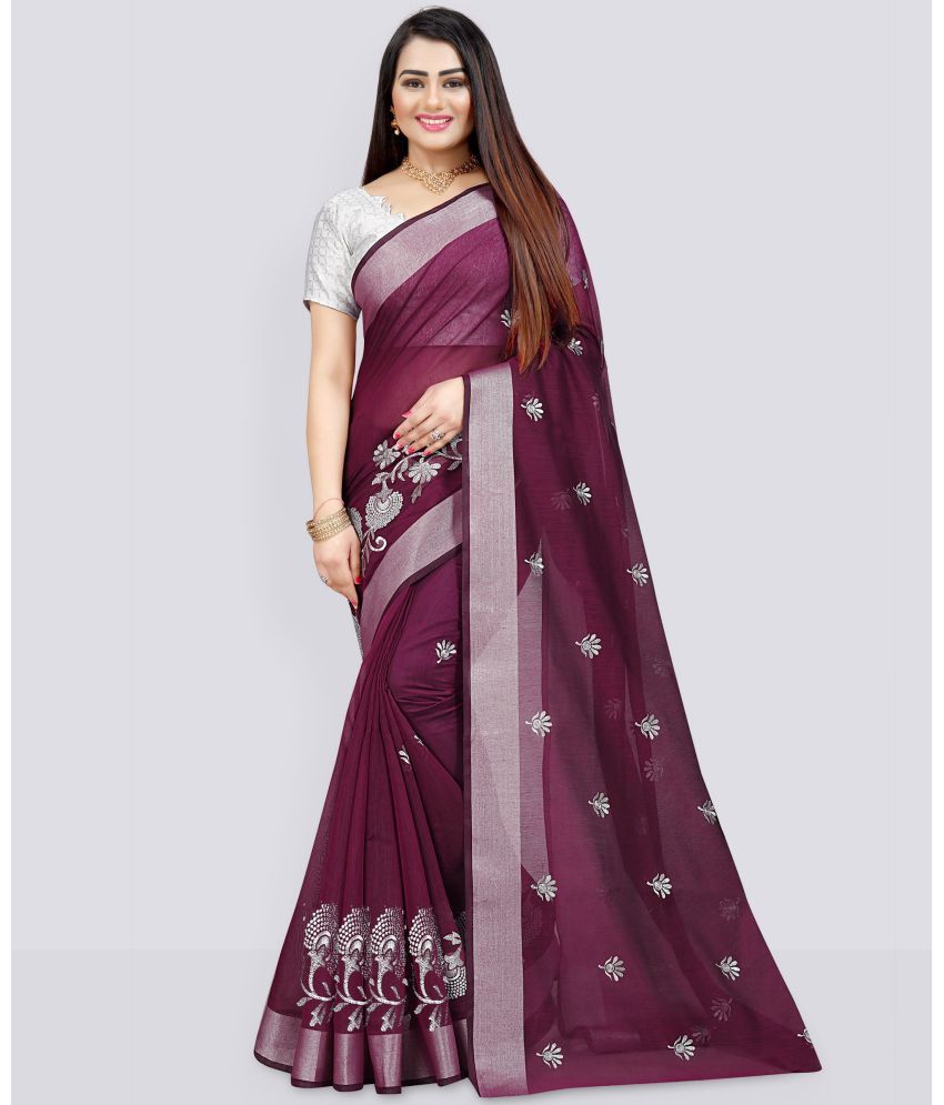     			Indian Fashionista Cotton Silk Embroidered Saree With Blouse Piece ( Purple , Pack of 1 )