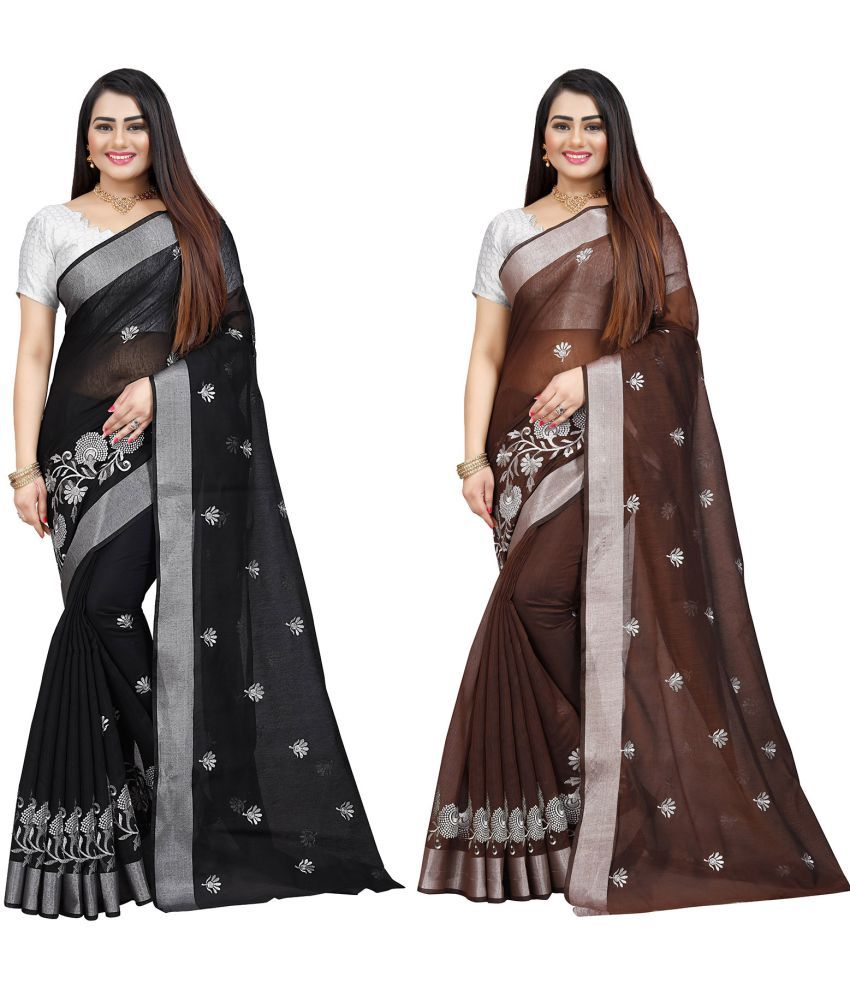     			Indian Fashionista Cotton Silk Embroidered Saree With Blouse Piece ( Brown , Pack of 2 )