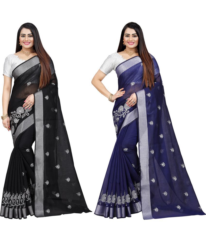     			Indian Fashionista Cotton Silk Embroidered Saree With Blouse Piece ( Black , Pack of 2 )