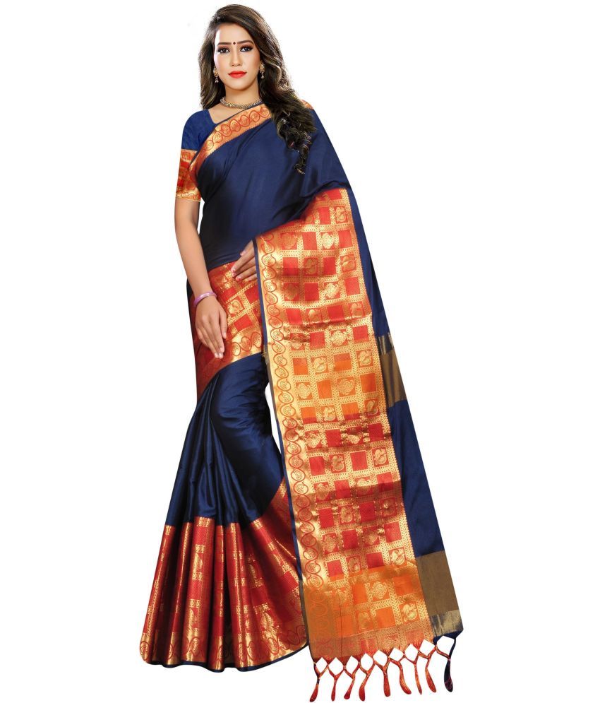     			Indian Fashionista Jacquard Embellished Saree With Blouse Piece ( Blue , Pack of 1 )