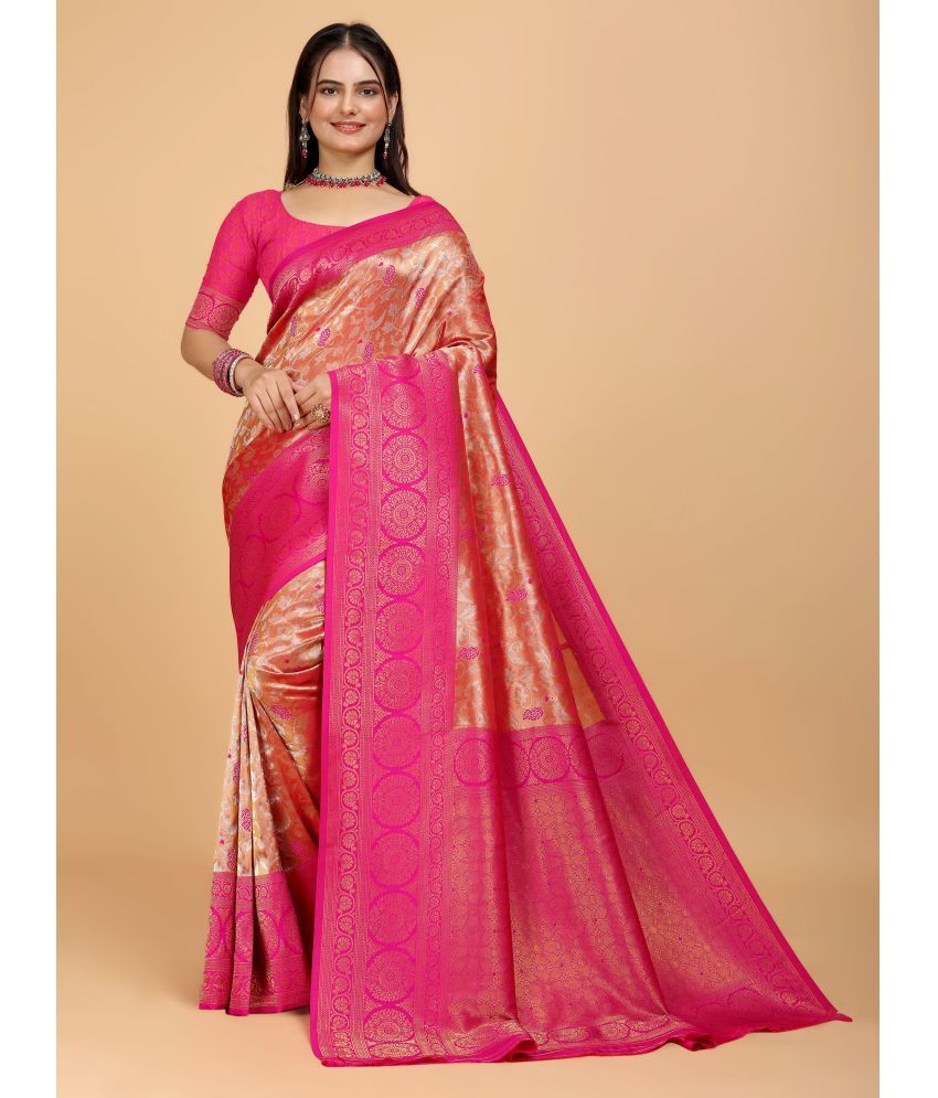     			Indian Fashionista Organza Embellished Saree With Blouse Piece ( Pink , Pack of 1 )