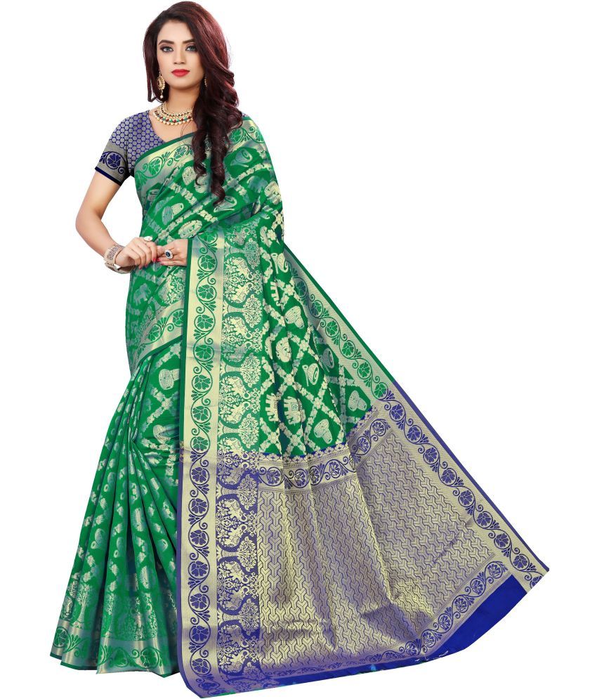     			Indian Fashionista Silk Blend Embellished Saree With Blouse Piece ( Green , Pack of 1 )