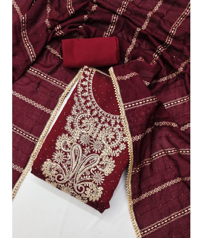     			ALSHOP Unstitched Chanderi Embroidered Dress Material - Maroon ( Pack of 1 )