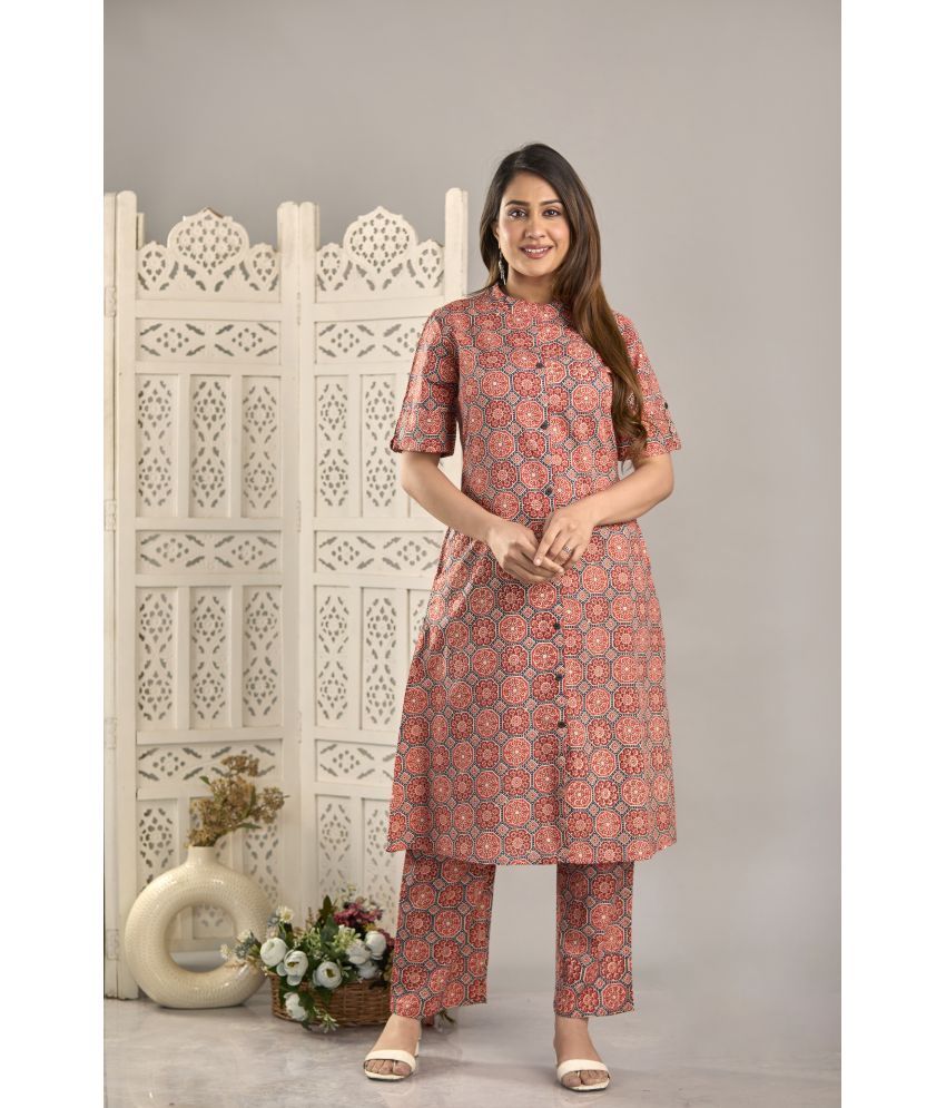     			Angvarnika Cotton Printed Kurti With Pants Women's Stitched Salwar Suit - Red ( Pack of 1 )