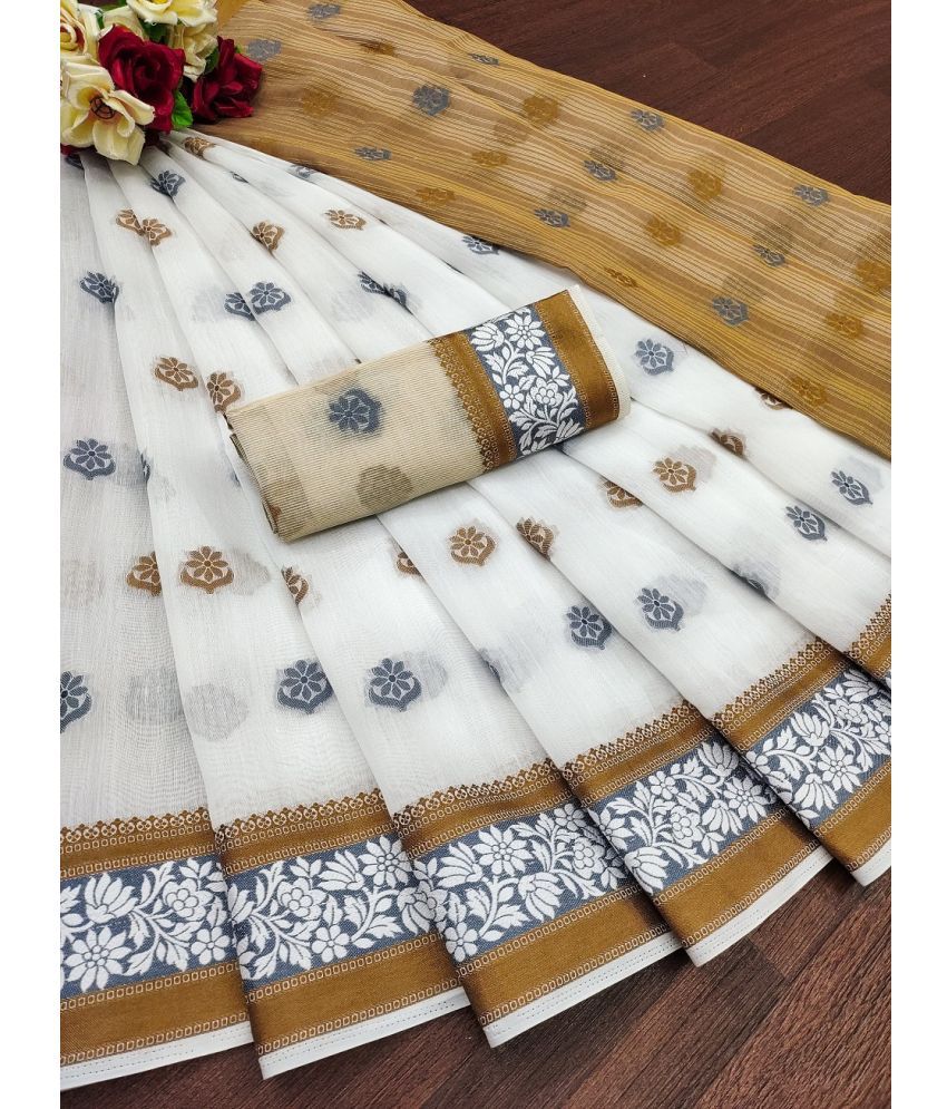     			IndShopMart Cotton Silk Printed Saree With Blouse Piece ( White , Pack of 1 )