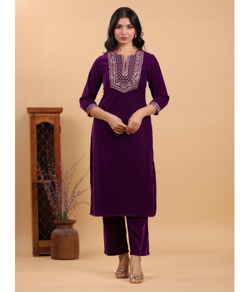     			Janasya Velvet Embellished Kurti With Pants Women's Stitched Salwar Suit - Purple ( Pack of 1 )